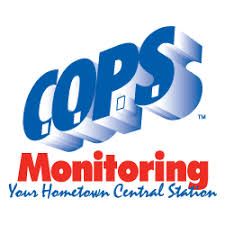 Logo for COPS Monitoring featuring blue 3D lettering and the red tagline 