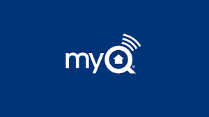 The myQ logo featuring white text and a stylized house icon with signal waves on a solid dark blue background.