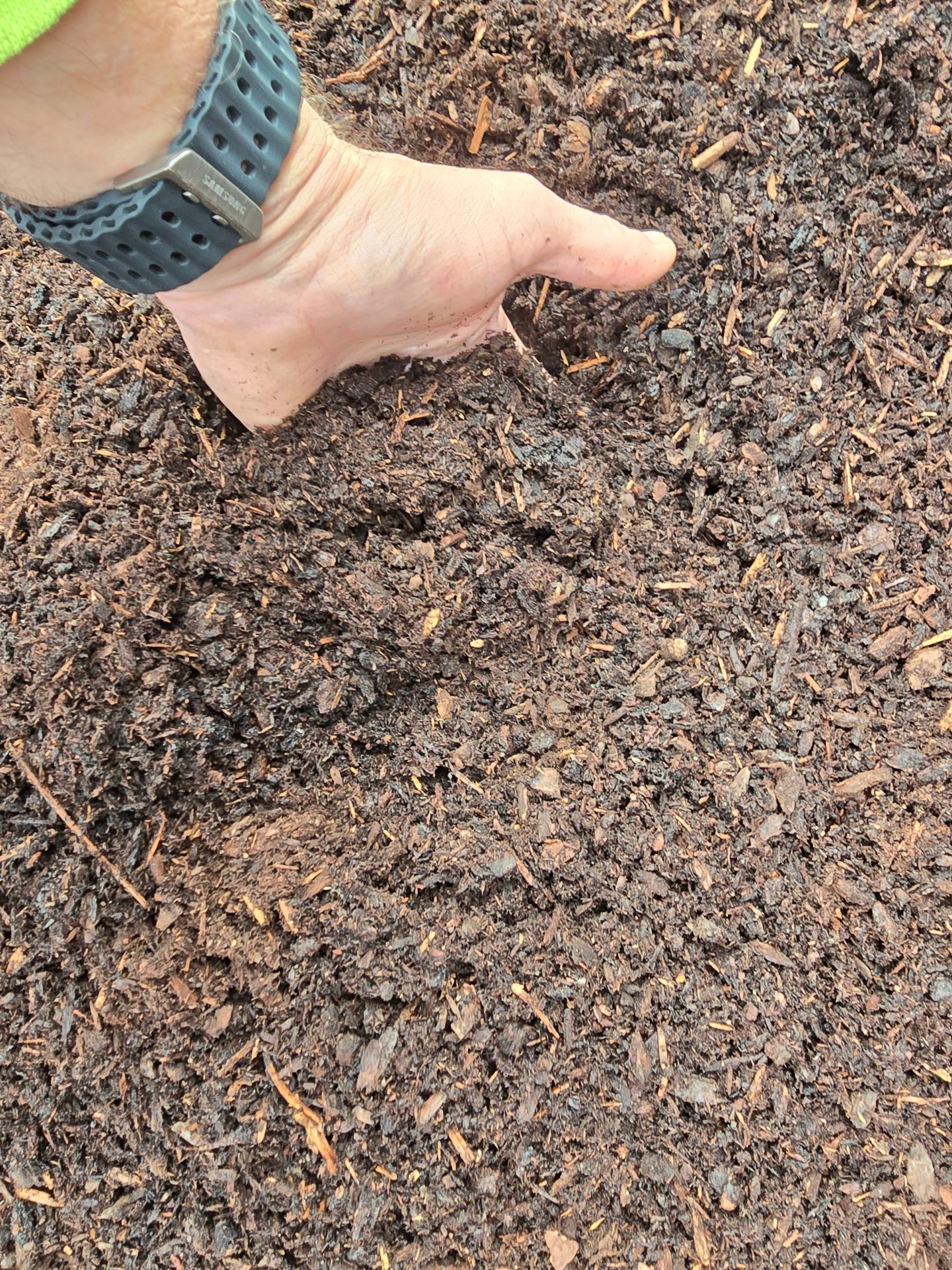 Brown mulch with a metal ruler for scale.