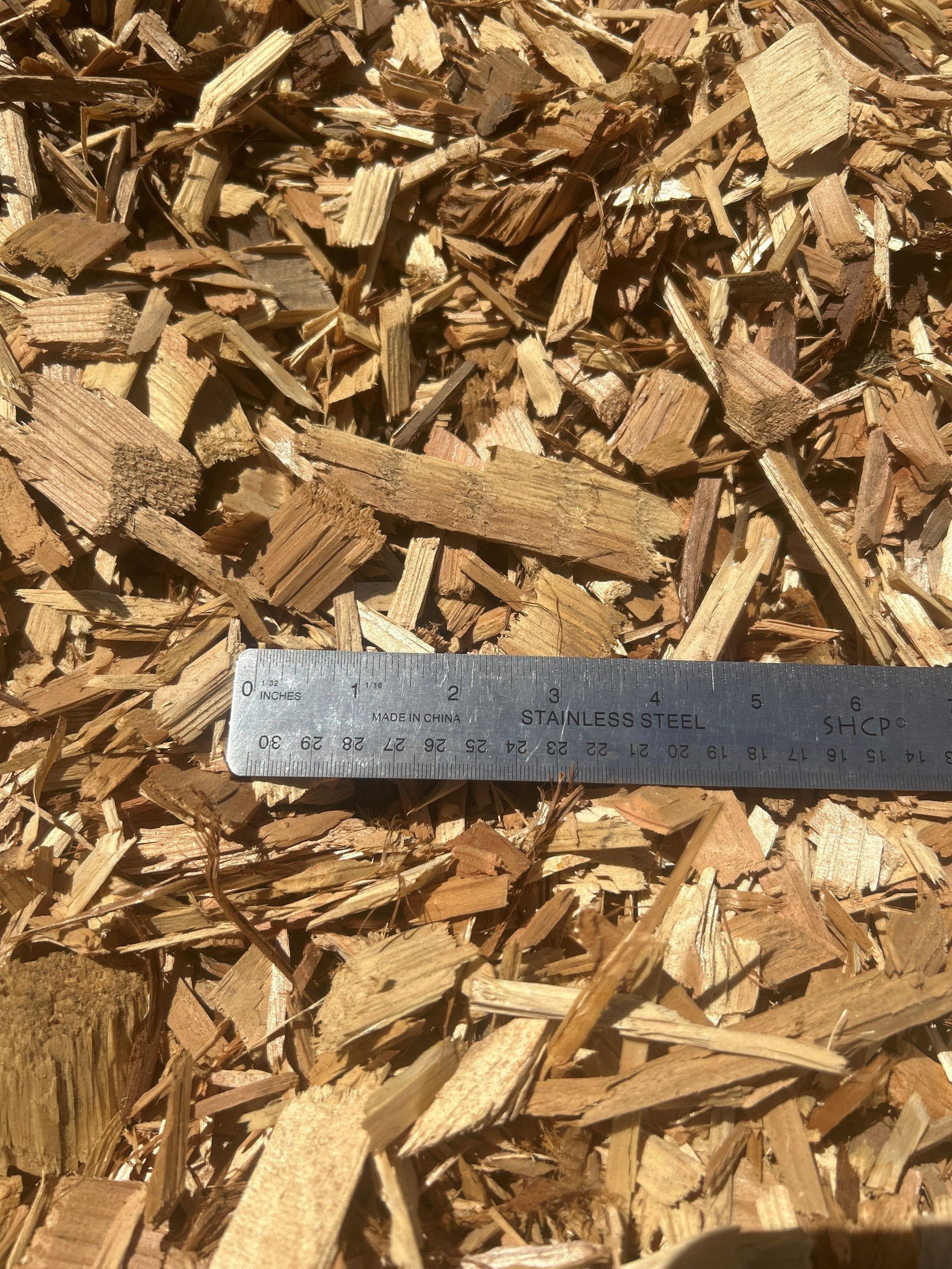 Wood chips with a metal ruler laid across them.