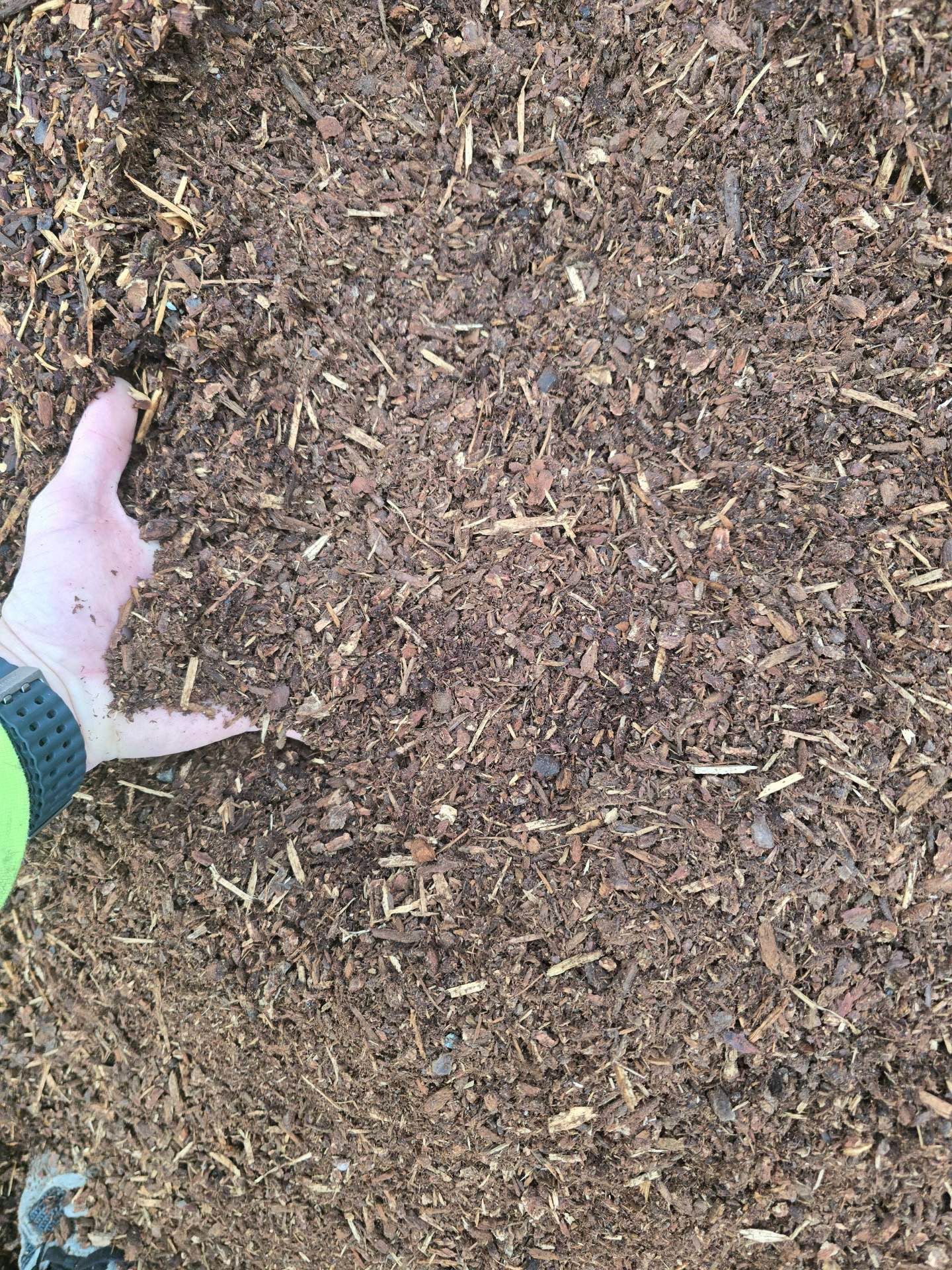 Brown mulch with a metal ruler on top.