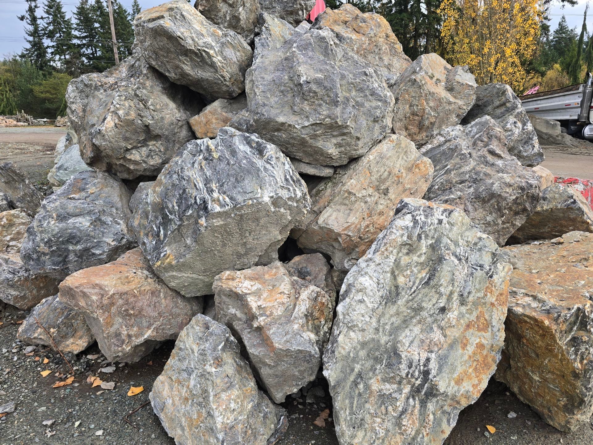 Close-up of a large, rough rock with a ruler for scale, showing various colors and textures.
