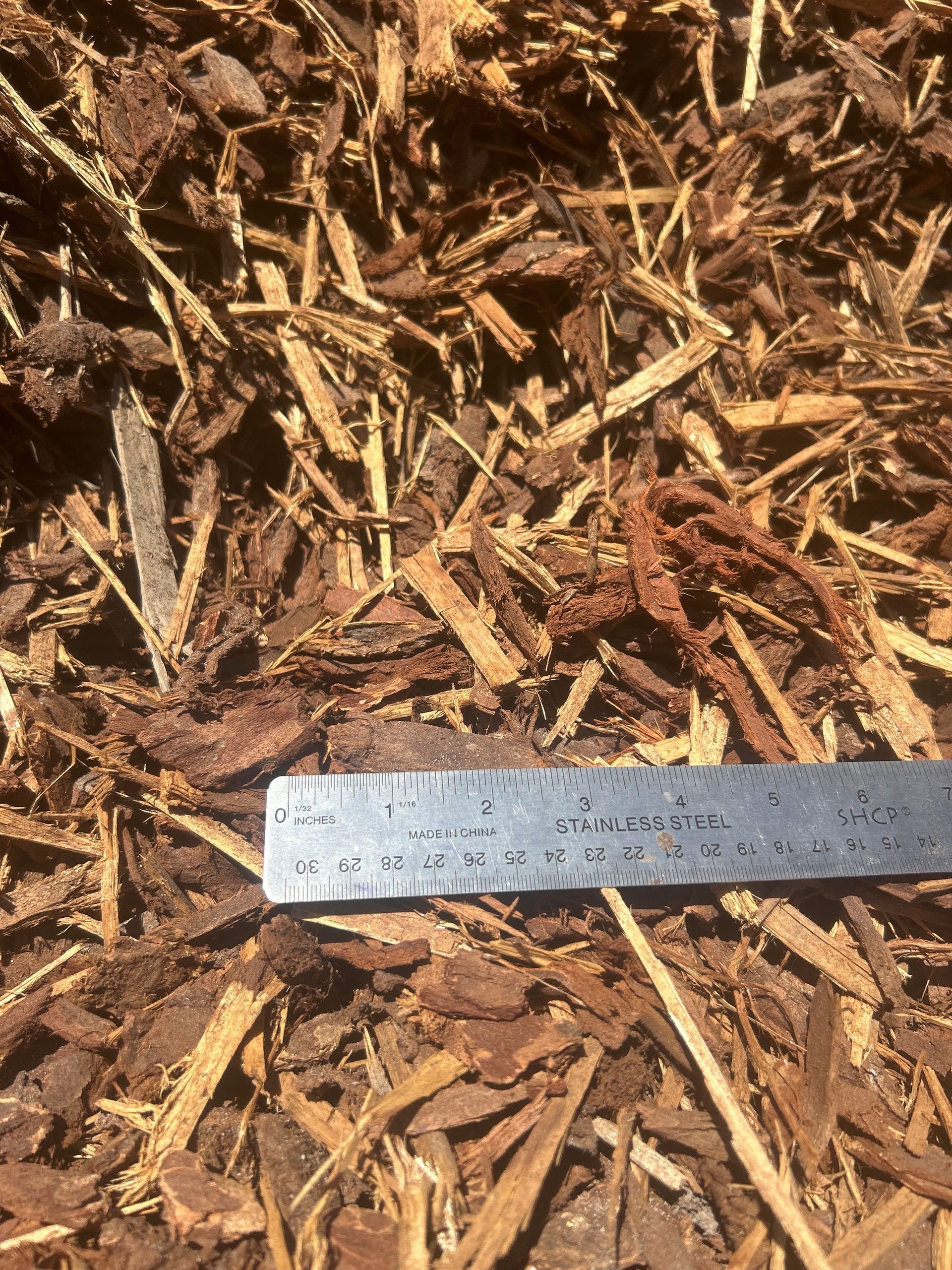 Brown wood chip mulch with a ruler for scale.