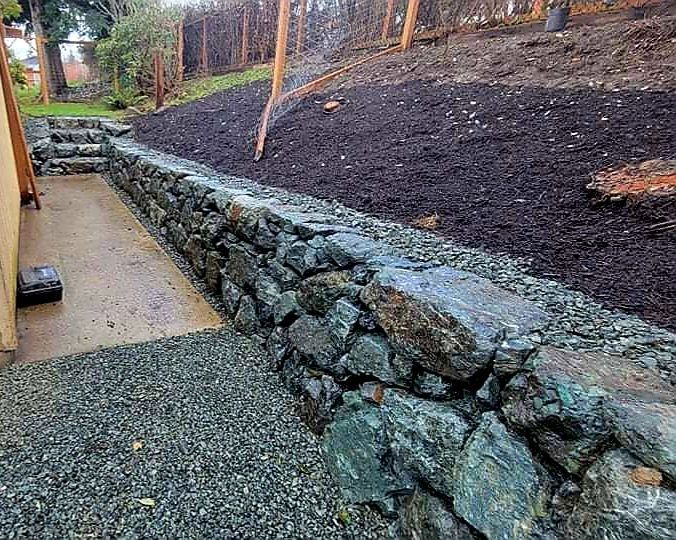 Stone retaining wall beside a gravel pathway and elevated soil.