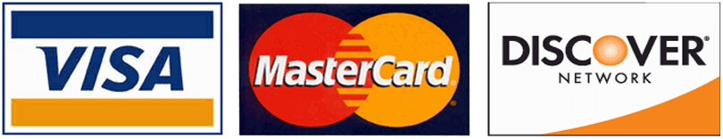 Logos for Visa, Mastercard, and Discover credit cards.