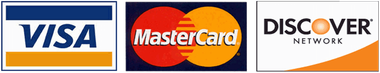 Logos for Visa, Mastercard, and Discover credit cards.