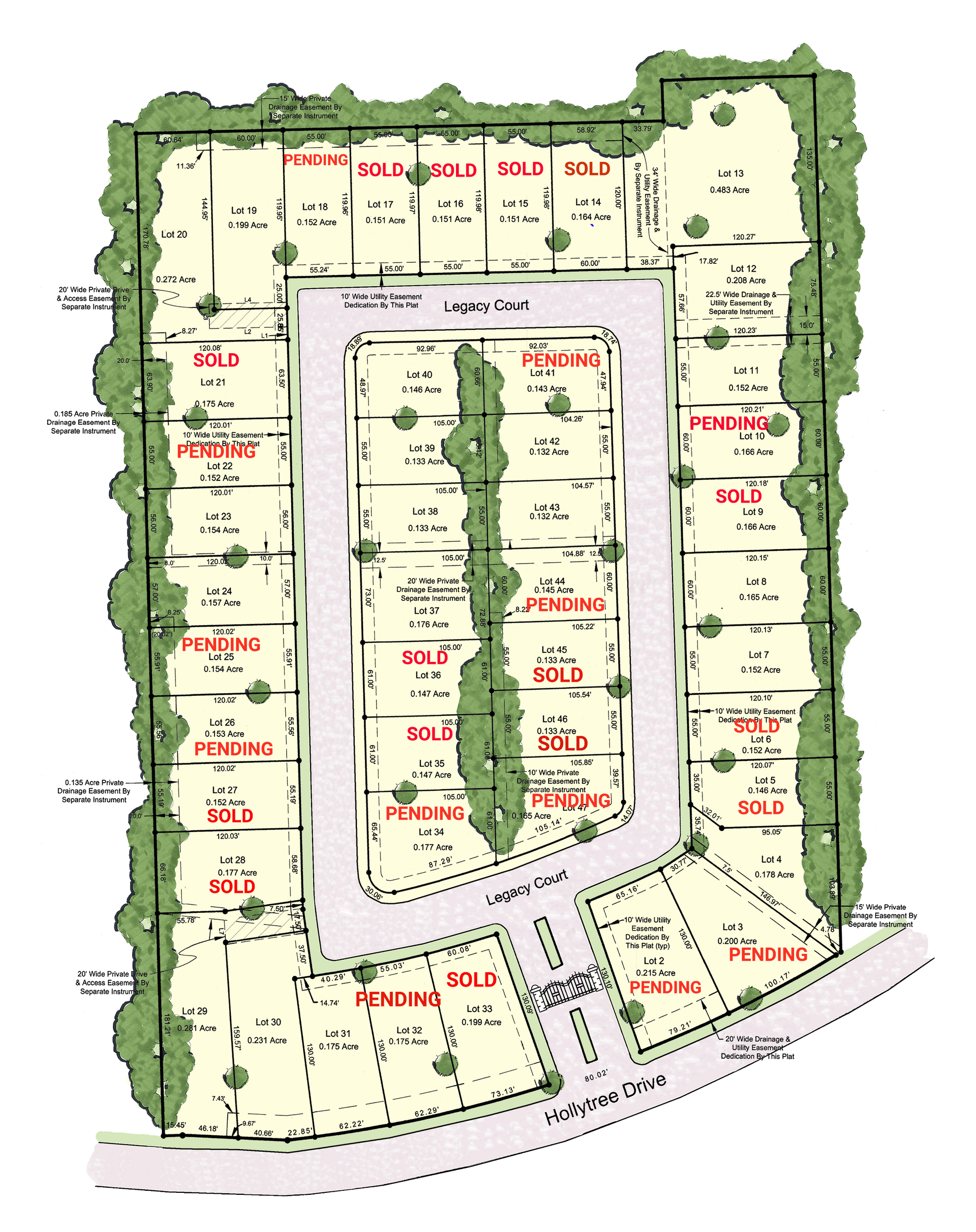 A drawing of a residential area with lots of houses and trees