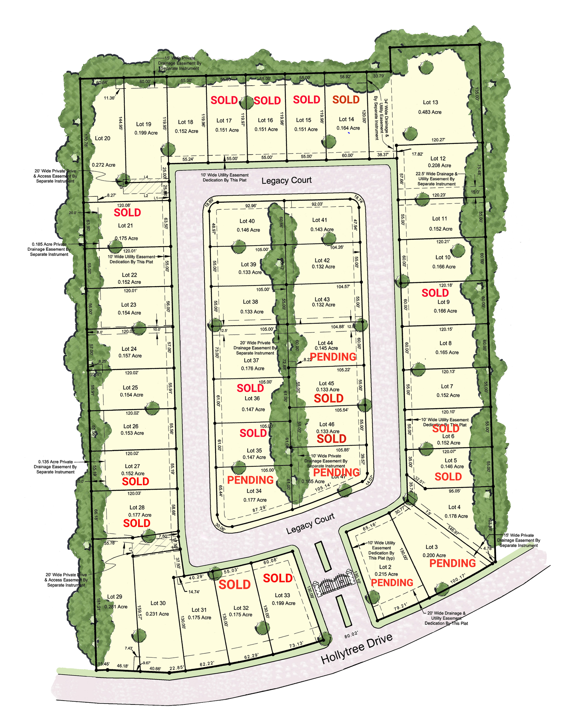 A drawing of a residential area with lots of houses and trees