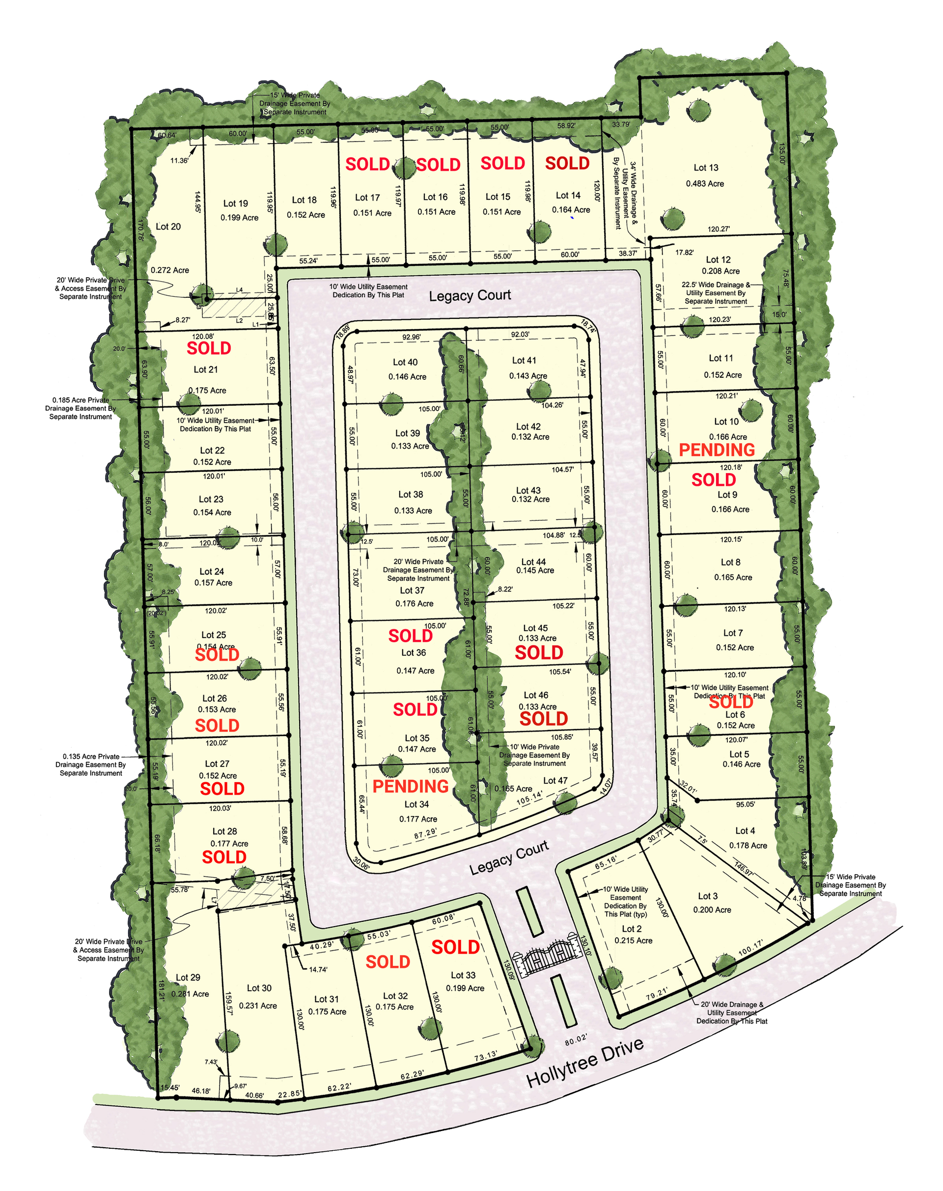 A drawing of a residential area with lots of houses and trees