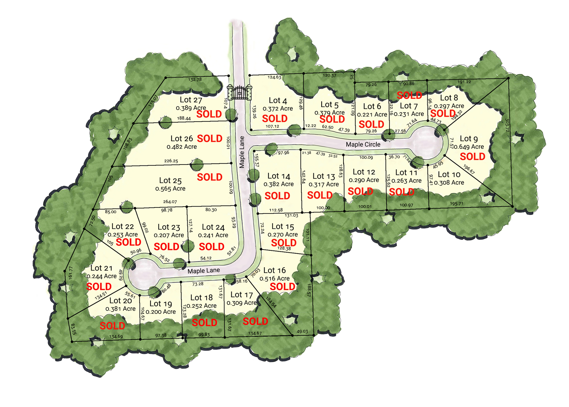 A map of a residential area with lots for sale