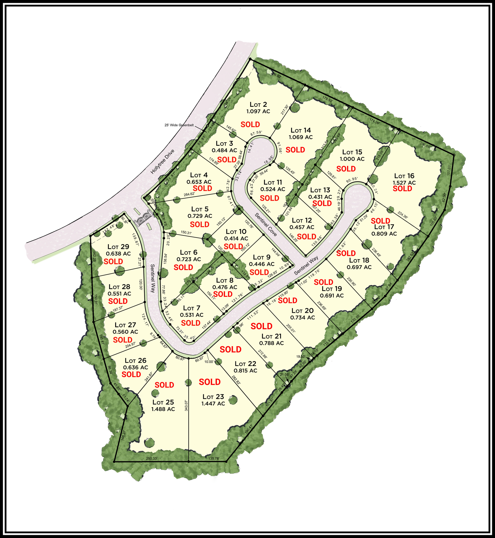 A map of a residential area with lots of houses and trees