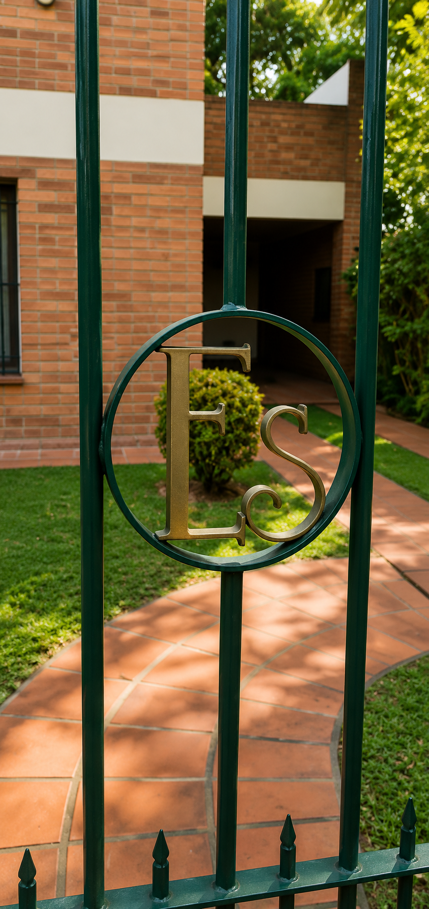 Puerta metálica negra de diseño circular frente a un edificio de ladrillo y un camino peatonal.