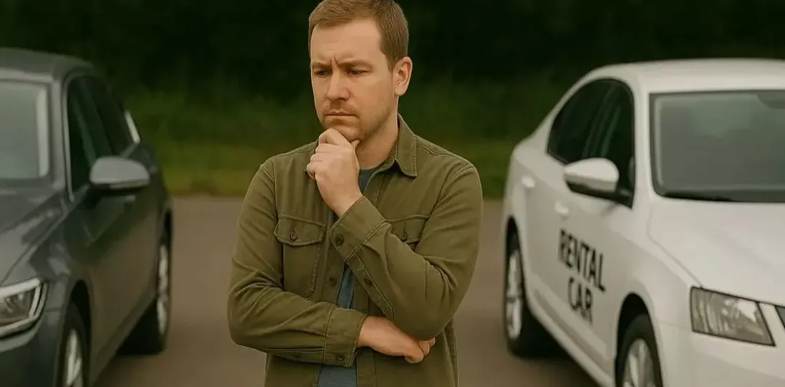 A traveller comparing car hire deals online on a laptop showing Brisbane bargain prices
