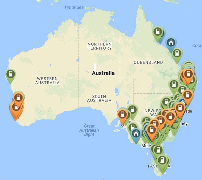 Australian road trip map highlighting fuel stations and EV charging points