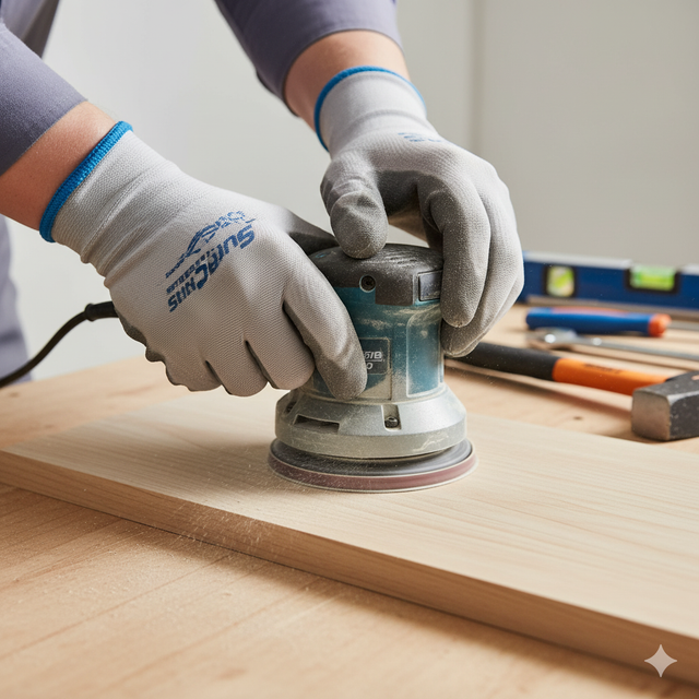 Person wearing gloves using a sander on a wooden board.