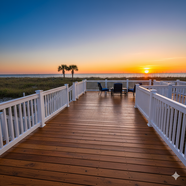 Wooden boardwalk overlooking a beach at sunset. White railings, chairs, and palm trees.