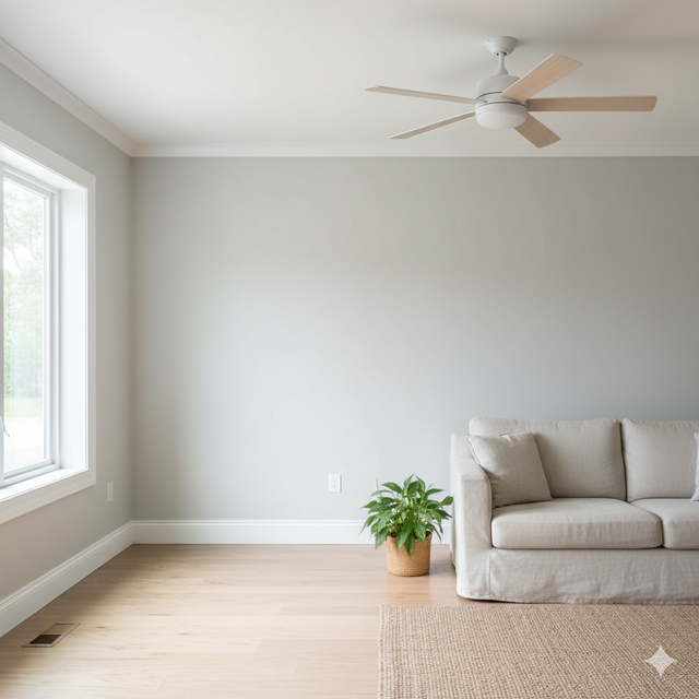 Empty living room with light gray walls, wooden floor, beige sofa, potted plant, and a ceiling fan.
