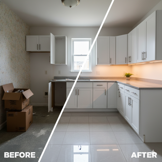 Kitchen before and after renovation: cabinets, countertops, flooring, and lighting.