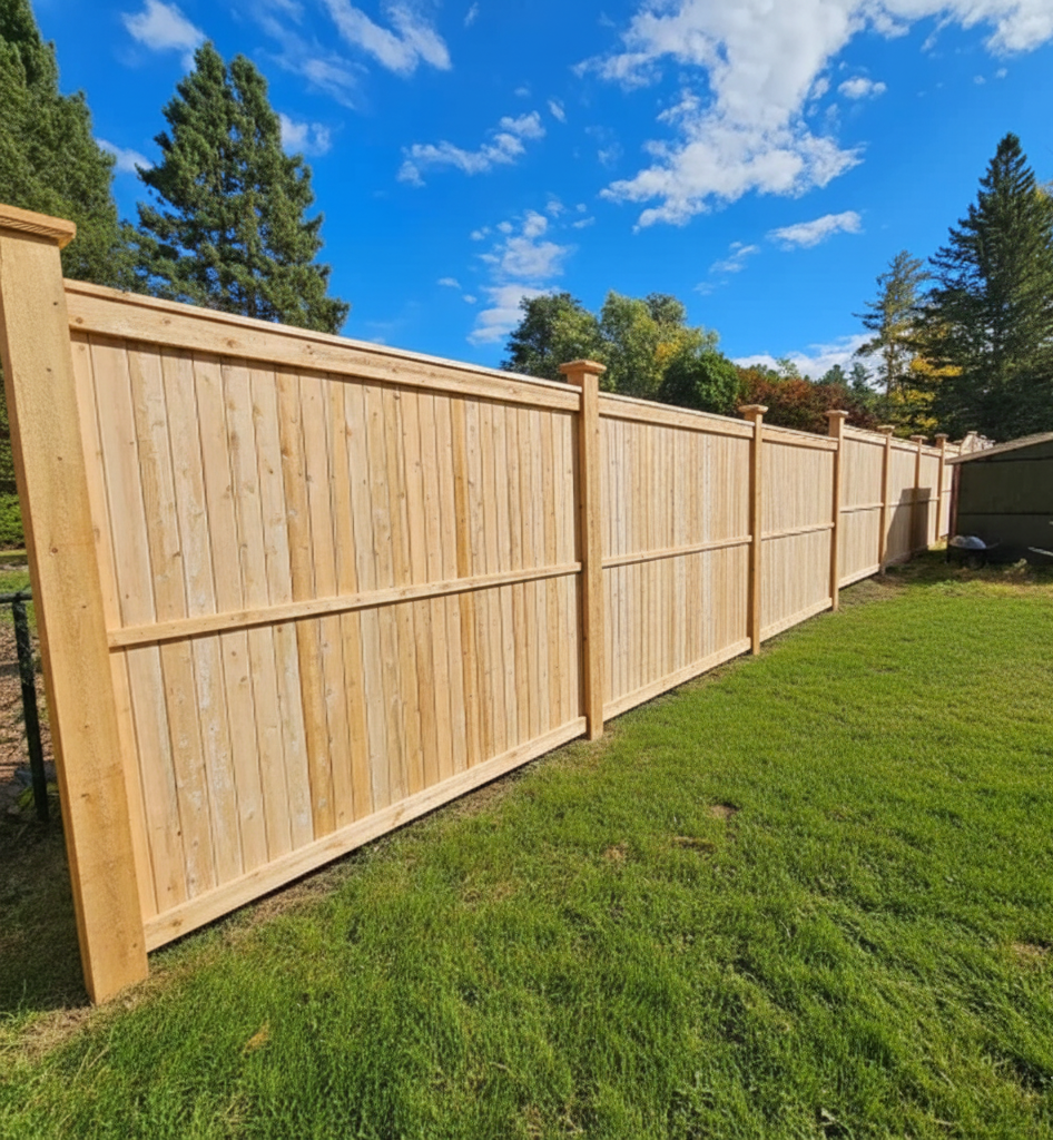 Wooden fence in a grassy yard, under a blue sky with clouds.