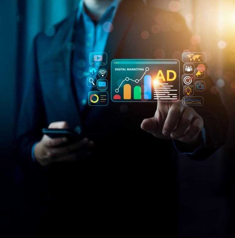 A man is holding a tablet with a graph on it.