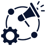 A megaphone is surrounded by gears and people.
