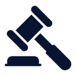 A black and white icon of a judge 's gavel on a white background.