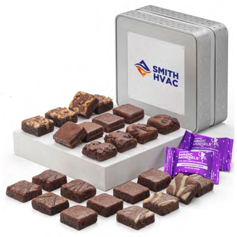 A tin filled with brownies and candy with a smith hvac logo on it.