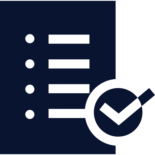 An icon of a checklist with a magnifying glass and a check mark.