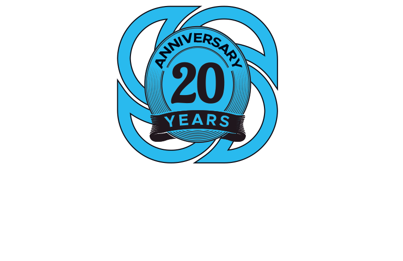 A blue and white logo on a white background.