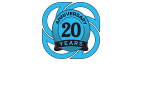 A blue and white logo on a white background.