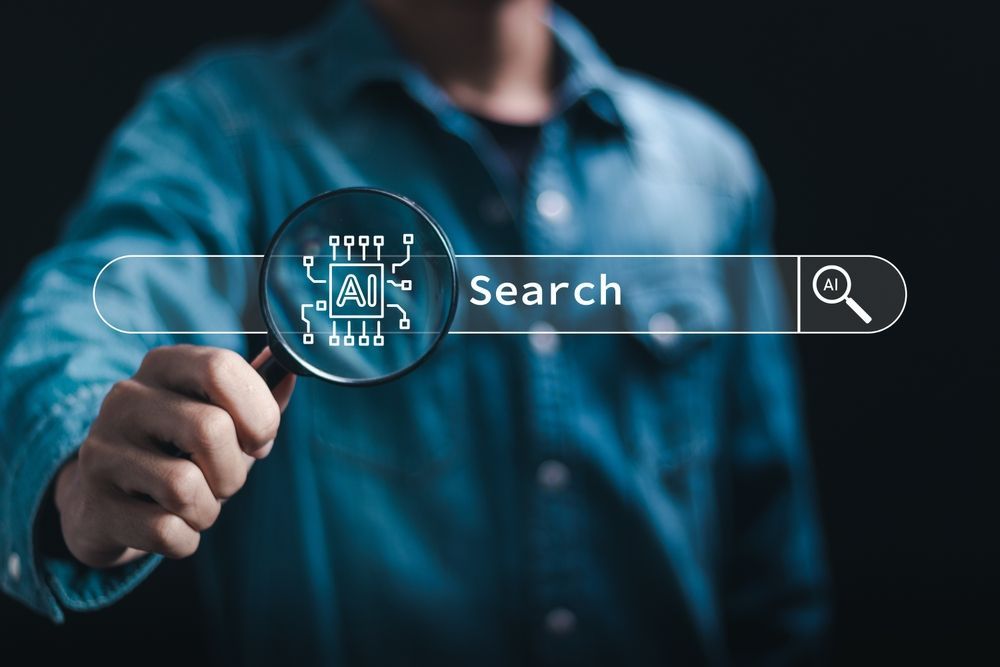 A man is holding a magnifying glass over a search bar for AI SEO
