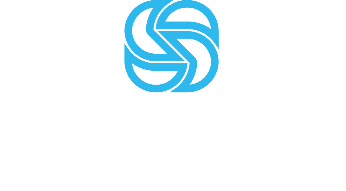 A blue and white logo on a white background.