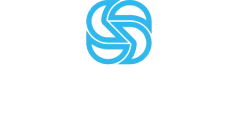 A blue and white logo on a white background.