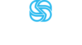 A blue and white logo on a white background.
