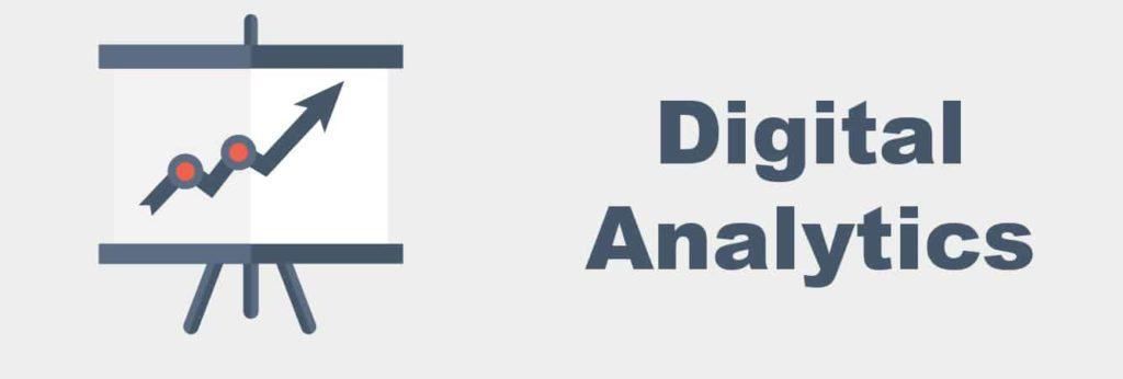 A logo for digital analytics with a graph on a whiteboard.