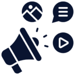 A megaphone is surrounded by speech bubbles and icons.