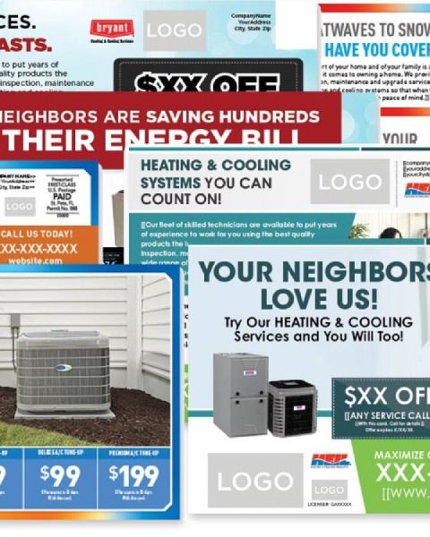 A collage of advertisements for heating and cooling systems