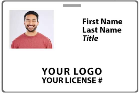A badge with a picture of a man and the words first name last name title your logo your license #