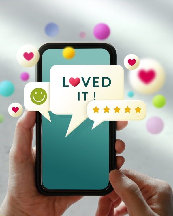 A person is holding a cell phone that says loved it