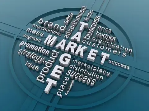 A 3d rendering of a word cloud with the word market in the center.