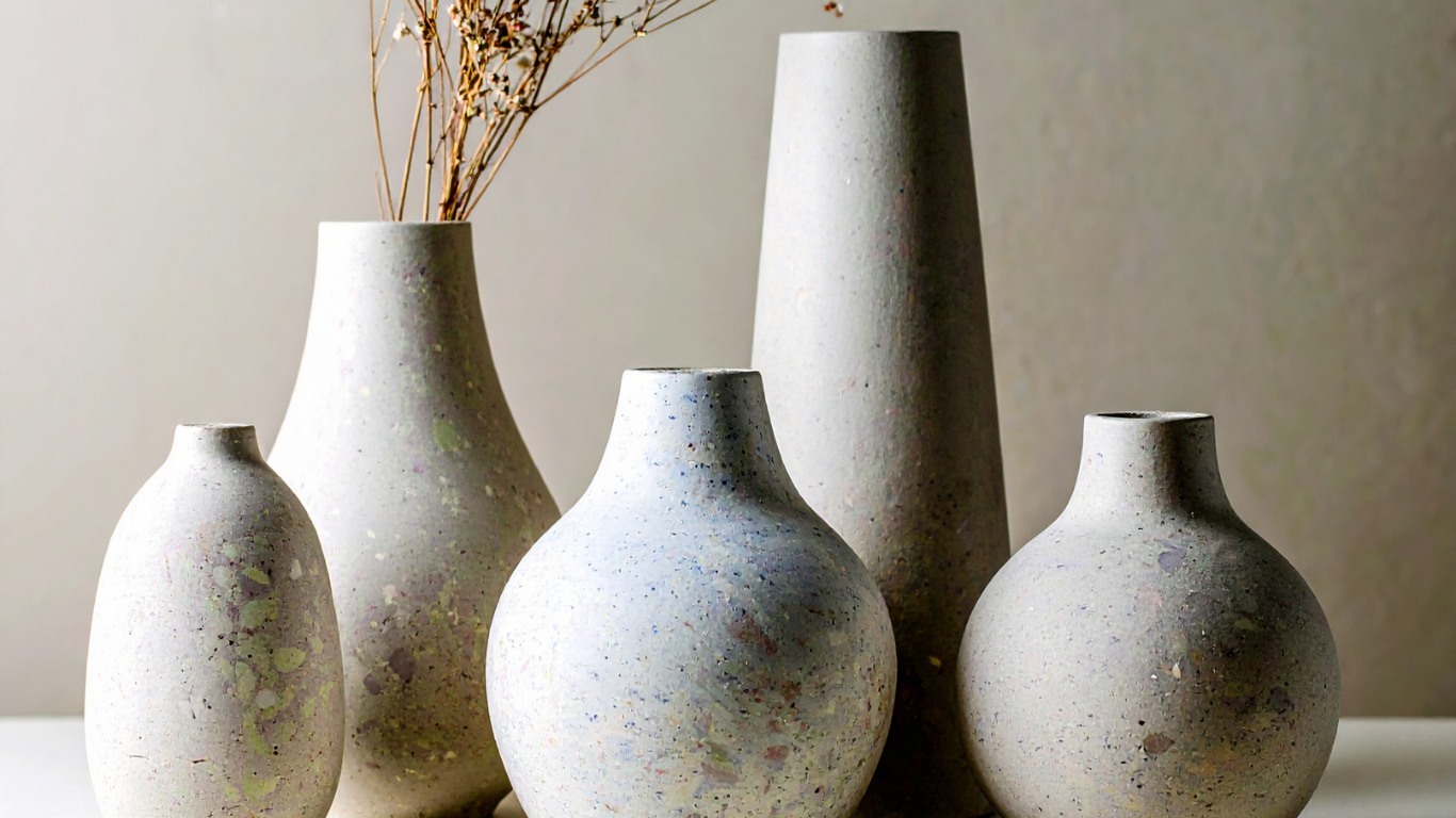 Five textured, neutral-toned ceramic vases of varying shapes and sizes on a white surface. One holds dried flowers.