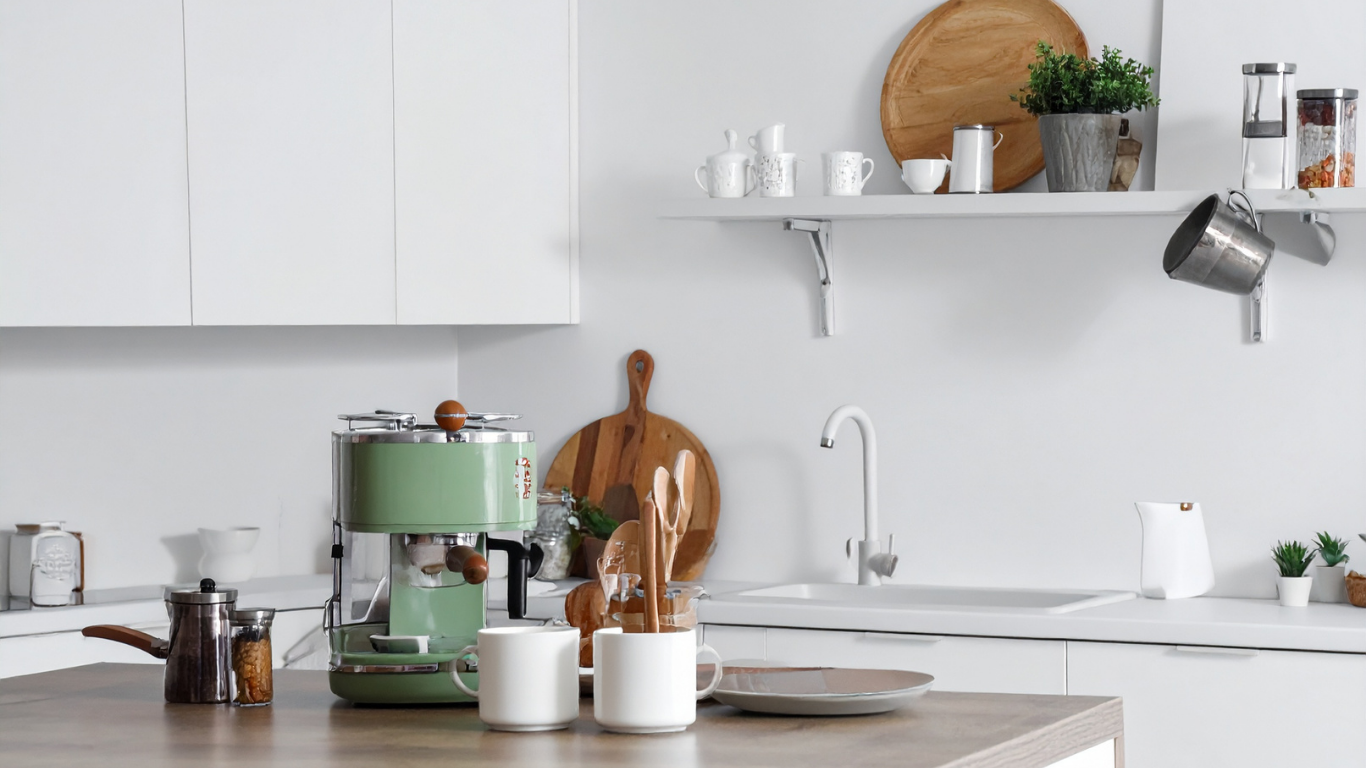 Mint green espresso machine and coffee setup on a kitchen counter.