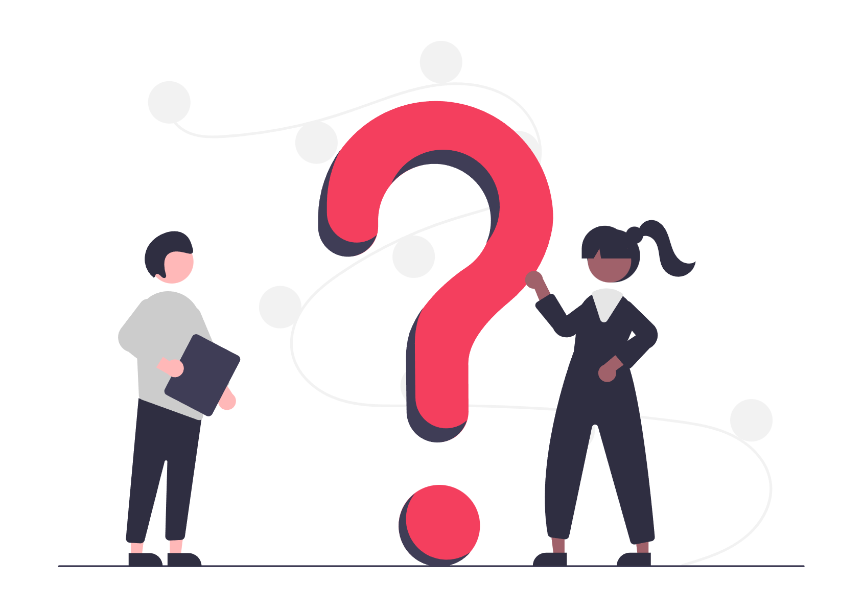 Man holding file, woman next to large red question mark.