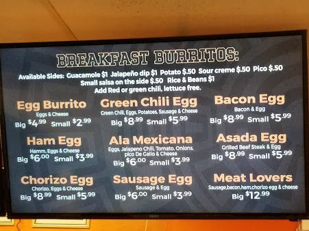 A menu for breakfast burritos at a restaurant