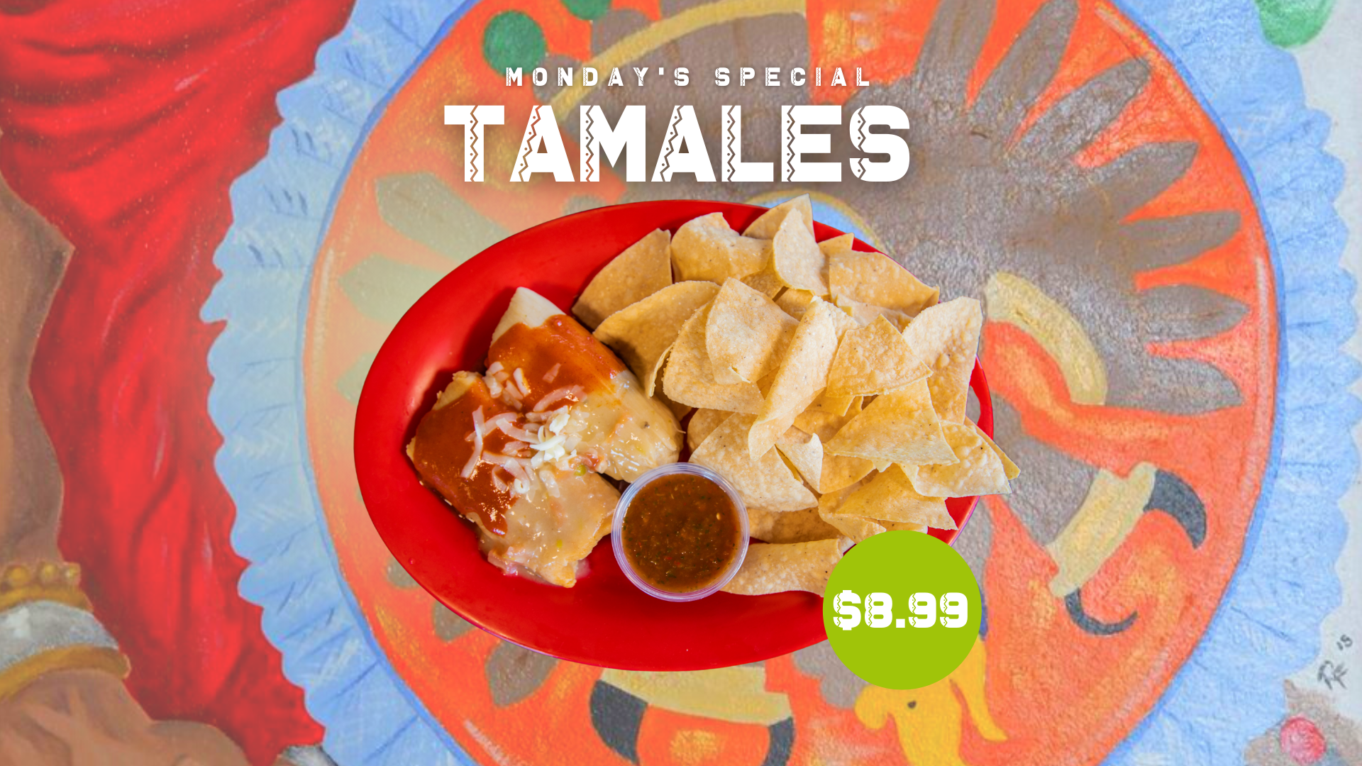 A plate of tamales and chips with a price tag of $ 3.99