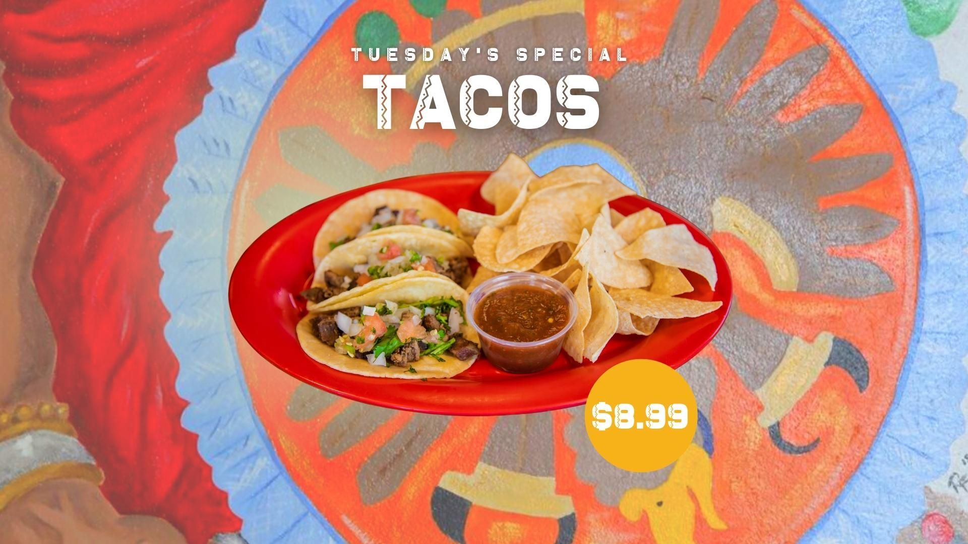 A plate of tacos and chips on a red plate.
