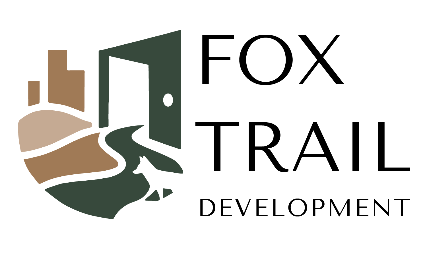 Logo for Fox Trail Development, featuring a stylized landscape, open door, and text.