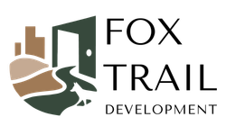 Logo for Fox Trail Development, featuring a stylized landscape, open door, and text.