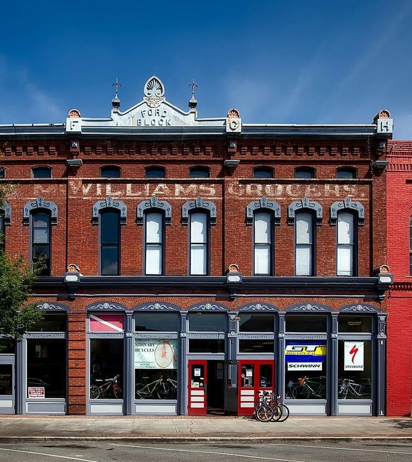Red brick building with bike shop, 
