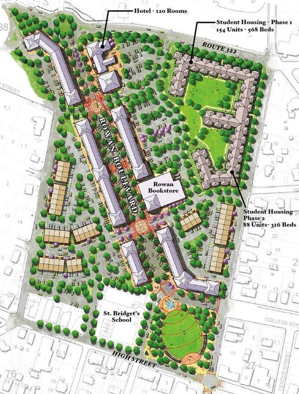 Architectural rendering of a proposed mixed-use development with housing, school, and green spaces.